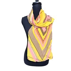 DKNY yellow pink brown silk scarf chevron V diamond pattern geometric